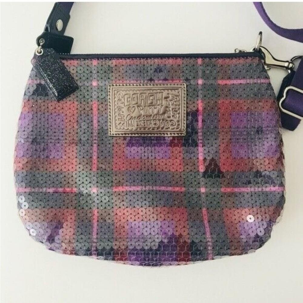 Coach Poppy Purple Tartan Plaid Sequins Crossbody Bag